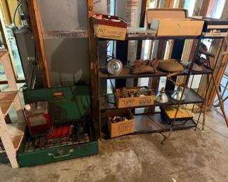Vintage Coleman two burner liquid fuel camp stove,, gas can, fold out case