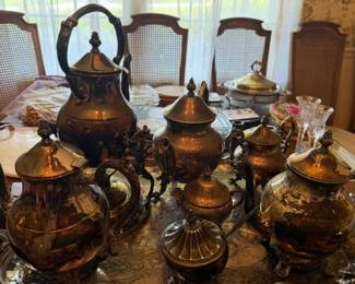 Silver on copper complete teaset on serving platter