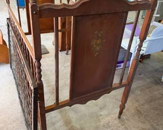 Antique wooden dropside baby crib, handpainted floral motif not for use for an actual baby as not to code decor or colectors only