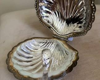 Vintage silver plated and crystal clam and scallop butter dish and caviar server