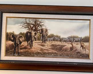 Andrew Bone Kaminga Spring, featuring African elephants and zebras at a waterhole