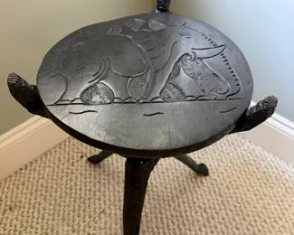 Hand Carved Malawian interlocking tripod table, Ebony, reversible elephant and mancala board game carving