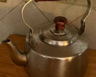 Vintage stainless steel teapot with turned wood finial handle