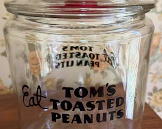 1940s Tom Huston Peanut Company store counter display jar, heavy duty clear glass