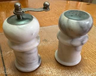 Vintage White Marble salt and pepper set with natural veining pattern