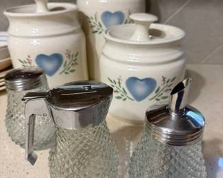 Vintage Diamond Point syrup, sugar and cinammon dispensers, pressed glass diamond cut and chrome lids