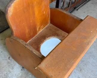 1940s potty training chair, painted ceramic potty bowl slides in bottom