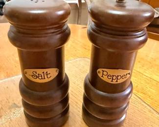 Himark vintage turned solid wood salt shaker and pepper with brass labels