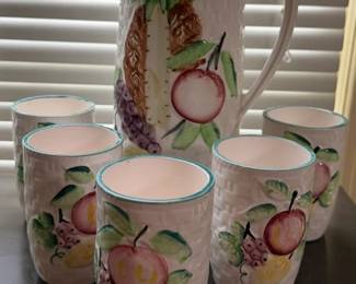 Mid Century vintage ceramic fruit themed pitcher and mugs