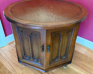 Vintage Round Wood Drum Storage Side Table MidCentury