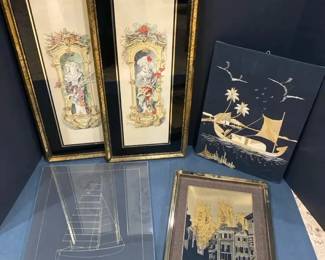 Wall Art Lot York Minster Gold Foil Art, Hobie Cat 16 Blueprint, Sailboat Straw Art, More