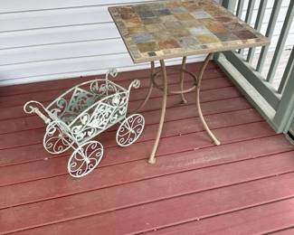 Outdoor Patio Lot Square Slate Tile Bistro Table Metal Flower Cart Planter