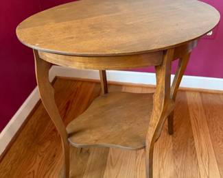 Vintage MidCentury Oval Wood Side Table with Tiered Shelf Cabriole Legs