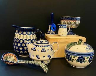 Handpainted Polish Pottery, Bolesawiec Lot 7 Pcs, Cobalt Blue Peacock, Floral, More