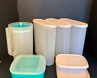 Vintage Tupperware Lot 7pc, Pitcher, Modular Mates Oval Canisters, Sandwich Keeper