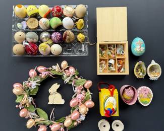 Vintage Easter Lot, Hand Painted Eggs And Figurines