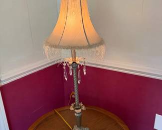 Vintage Candlestick Lamp with Crystal Prisms and Fringed Bell Shade