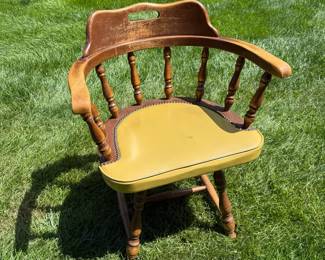 1970s Vintage Wood And Leather Swivel Captains Chair