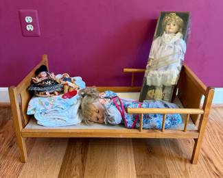 Vintage Wooden Doll Bed w CHIL Porcelain Doll, Bedding, MORE