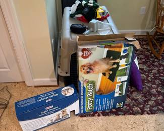 Large Dog Supply Lot You Me Wire Crate, Petmate Travel Kennel, Potty Patch Clothes