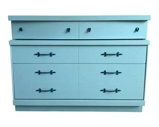 Refinished Bassett Wooden MCM Dresser Light Blue w Dark Pulls