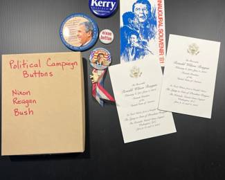 Political Buttons, Tickets, Pamphlet Reagan Inauguration 81 Farewell 04, Bush, Nixon, Kerry