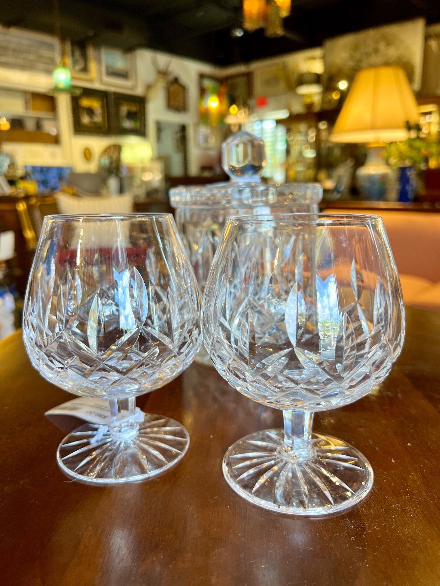 Pair of Lismore crystal brandy snifters 