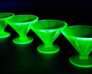 Vintage 1930s Depression Era Green Uranium Glass Dessert Dish 4pc