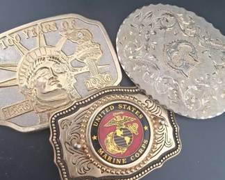 Trio of Western Belt Buckles U.S. Marine Corps, Statue of Liberty SilverTone Initial Buckle