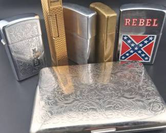 Zippo and Ronson Lighters and Etched Cigarette Case