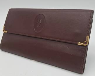 003 Vintage Cartier Paris Bordeaux Leather Long Trifold Wallet Gold Tone Corners