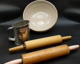 Large Marshall Pottery Striped Mixing Bowl, Bromwells Sifter, and 2 Wooden Rolling Pins 4pc