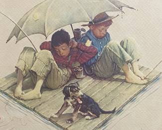 Me and My Pal Fishing Raft Framed Print, 1954 illustration by Norman Rockwell