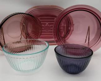 Vintage Corning Visions Cranberry Glass Set And Glass Mixing Bowls 5pc