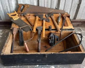 Vintage Carpenters Tool Chest with Hand Saws, Hammers, Planes Assorted Woodworking Tools