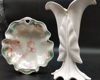 Vintage Camark Leaf Arrow Vase and Scallop Floral Bowl