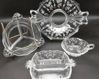 Vintage Fostoria Etched Cake Plate, Nut Dish, and Divided Relish Trays 4pc