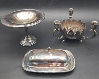 Vintage Leonard Silver Plated Candle Holder, WM Rodgers Butter Dish And Pedestal Candy Bowl