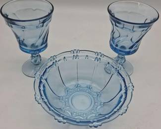 Vintage Blue Pressed Glass Bowl and Goblets