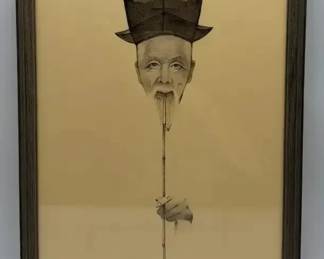 Framed Drawing of Elderly Man Smoking a Long Pipe