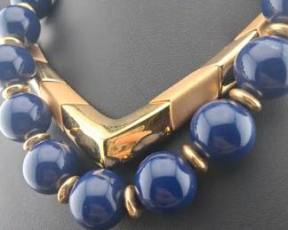 Vintage Napier Gold Tone Collar 17in And Dark Blue Beaded 18in Necklaces