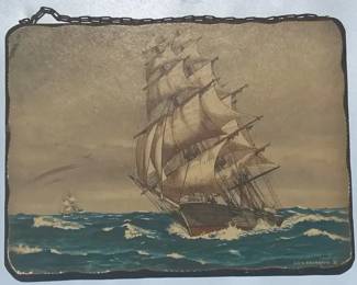 Vintage Reproduction Print On Wood American Clipper Ship by artist John OHara Cosgrave II