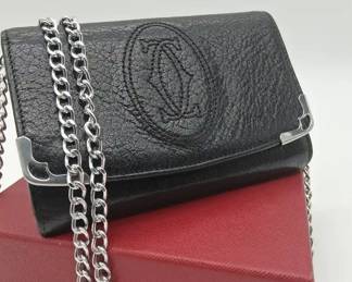 Vintage Cartier Dou Le C Logo Black Leather Walletcoin Purse On Silver Chain