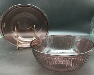 Vintage Pyrex Cranberry Amethyst Ribbed Nesting Mixing Bowls 2pc