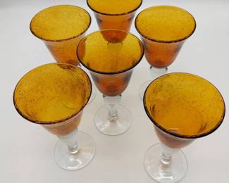 Vintage Artland Iris Amber Water Goblets Hand Blown Seeded Bubble Glass 6 Pc