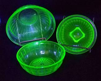 Vintage Green Uranium Glass Mixing Bowls Hazel Atlas Depression Era Of The 1930s 3Pc