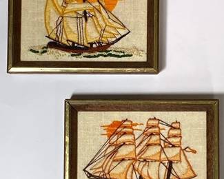 Set Of 2 Framed Vintage Embroidered Ships
