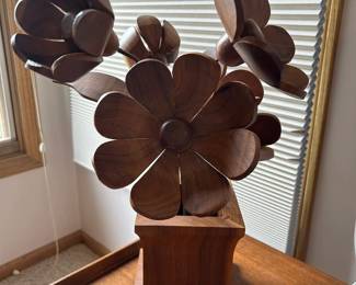 Mid-Century Carved Wooden Flower Sulpture