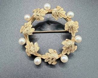 Vintage 14K Yellow Gold Cultured Pearl Leaf Wreath Brooch Pin – Fine Estate Jewelry