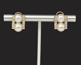 14K Yellow Gold Akoya Pearl & Diamond Omega Clip Earrings – .14 CTW – Gemologist Examined